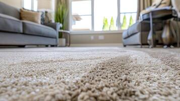 A close up of a carpeted living room photo