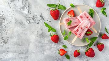 Ice cream popsicles with strawberries and mint on a plate photo