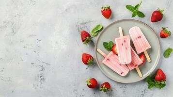Ice cream popsicles with strawberries and mint on a plate photo