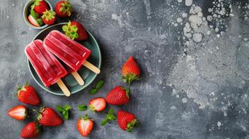 Ice cream popsicles with strawberries on a plate photo