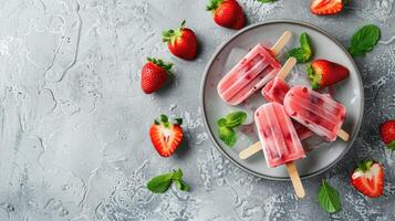 Ice cream popsicles with strawberries and mint on a plate photo