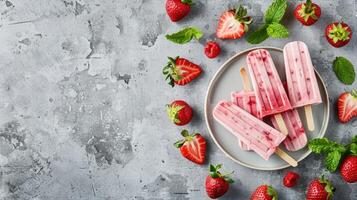 Ice cream popsicles with strawberries and mint on a plate photo