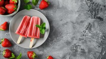 Ice cream popsicles with strawberries on a plate photo