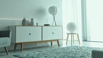 A living room with a couch, a lamp, and a table photo