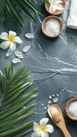 Spa background with white towels, salt and flowers photo