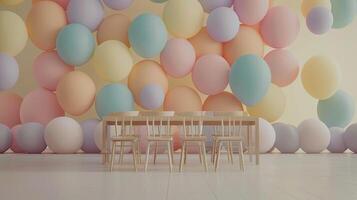 A table and chairs in front of a wall with balloons photo