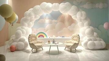 A room with balloons and a table with chairs photo