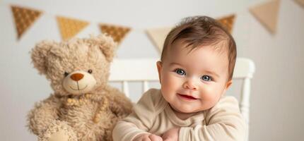 A baby is sitting in a chair with a teddy bear photo