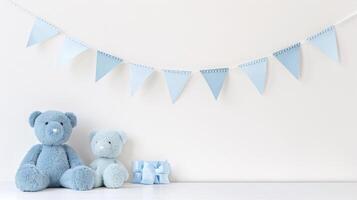 Blue teddy bear and bunting on white background photo
