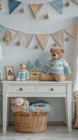 A baby room with a white table, a teddy bear and a basket photo