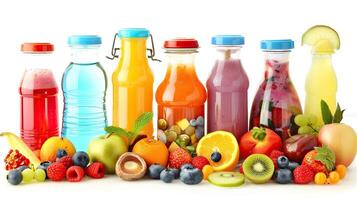 A group of different colored drinks and fruit photo