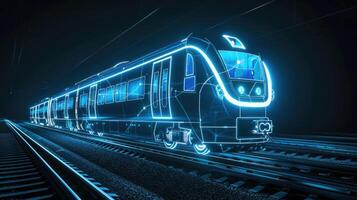 A futuristic train is traveling on the tracks photo