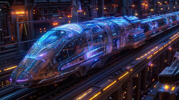 A futuristic train is traveling through a futuristic city photo
