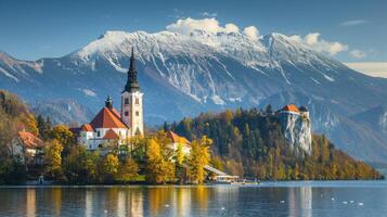 A beautiful view of lake bled in slovenia photo