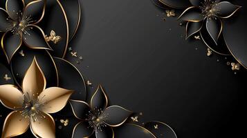 Black and gold floral background with gold butterflies photo