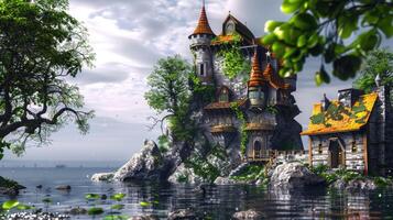 Fantasy castle on the edge of the water photo