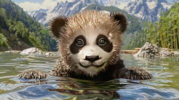 A panda bear swimming in a river with mountains in the background photo