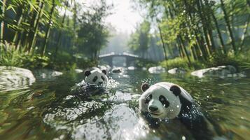 Panda bears swimming in a river photo