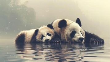 Two panda bears laying in the water photo