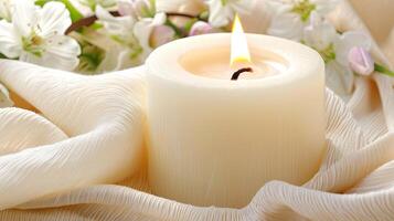 A white candle is sitting on a white cloth photo