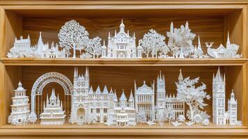 A display of paper models of buildings and trees photo
