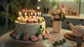 A birthday cake with pink roses and candles photo