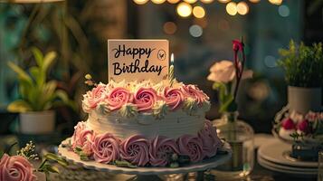 A birthday cake with pink roses on top photo