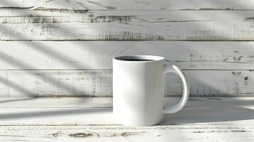 A white coffee mug on a wooden table photo