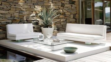 A white couch and two chairs on a wooden deck photo