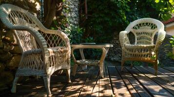 Two wicker chairs sit on a wooden deck photo