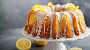 A bundt cake with lemon icing on a white cake stand photo