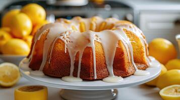 A bundt cake with lemon icing on a white plate photo