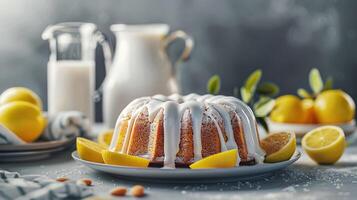 A bundt cake with lemon slices and milk photo