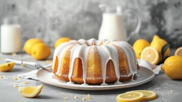 Lemon cake with lemon drizzle on a plate photo