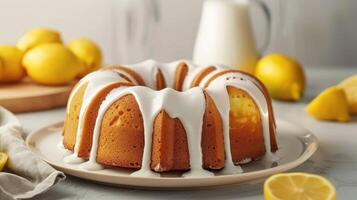 A bundt cake with lemon icing on a plate photo