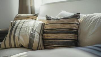 A close up of a couch with pillows photo
