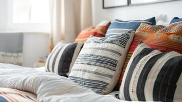 A bed with several colorful pillows on it photo