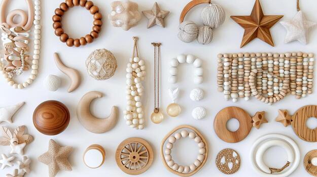 Various wooden objects arranged on a white surface photo