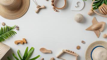 Various wooden toys and accessories laid out on a white background photo
