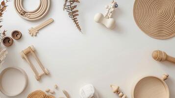 Various wooden objects arranged on a white surface photo