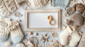 Baby clothes and accessories arranged around a white frame photo