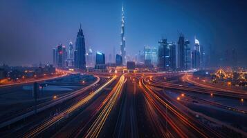 The city skyline at night with traffic lights photo
