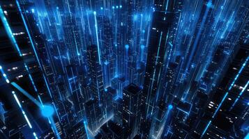 A futuristic city with many lights and blue lights photo