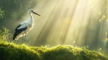 A white stork stands in the grass with sunlight shining through the trees photo