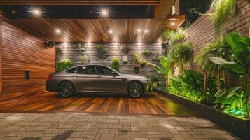 A car parked in a garage with plants and plants photo