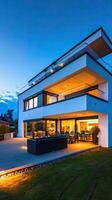 A modern house with a large balcony and a patio photo