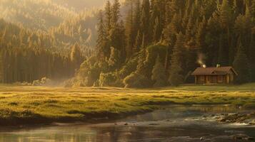 A cabin in the middle of a river with trees and mountains photo