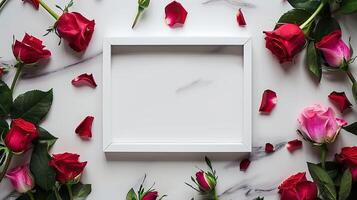 Rose flowers and a white frame on a marble surface photo