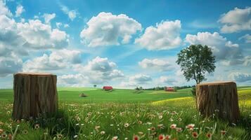 A field with two wooden posts and a blue sky photo