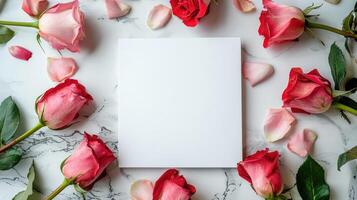 A blank sheet of paper surrounded by roses photo